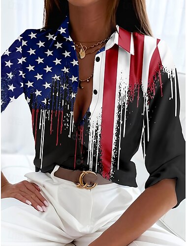  Chemise patriote du jour de l'indépendance pour femmes graphique drapeau décontracté rouge blanc et bleu chemise à manches longues col tops réguliers travail quotidien boutons imprimé rouge printemps