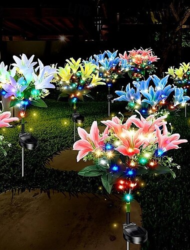  2 stuks led-buitenzonnelampen, leliesimulatie, bloemgrondinzetlamp, 7 hoofdbloemen, 42 kralen, binnenplaats, tuin, gazon, pad, festival, bruiloft, feest, sfeerdecoratie, verlichting