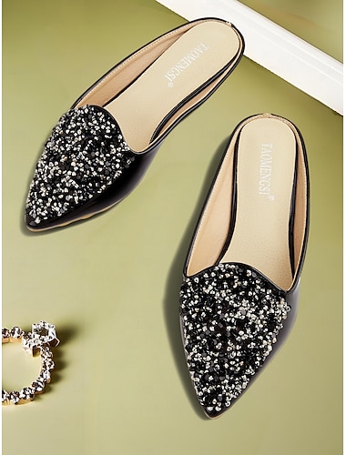  レディース ブラック ラインストーン ポインテッド ミュール – スタイリッシュなデイリーデートにぴったりなクリスタル装飾のスライドオン フラットシューズ