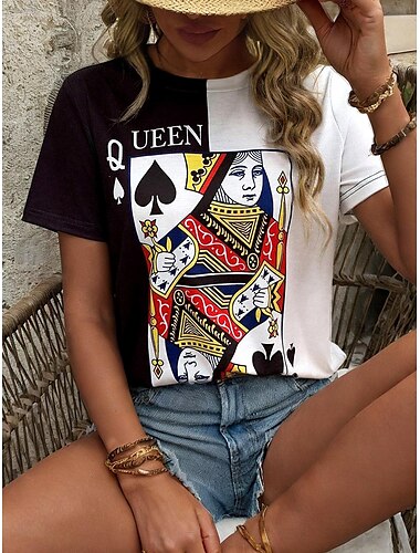  Mulheres Camiseta Gráfico Letra Casual Manga Curta Decote Redondo Tops regulares Diário Imprimir Preto Verão