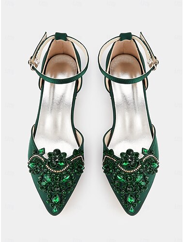  mit grünen Edelsteinen verzierte Ballerinas mit spitzer Spitze – Hochzeits- und Abendschuhe für Damen im Vintage-Stil