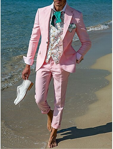  Heren Strand bruiloft Linnen pakken Blozend Roze Hemelsblauw Casual Street Style Effen Standaard pasvorm 2-delige set Enkele rij knopen met één knoop