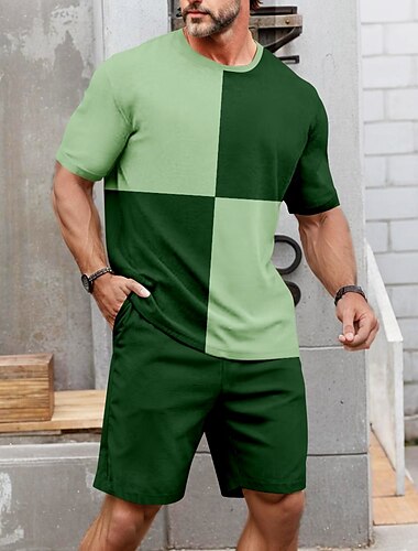  Herren Farbblock 2St T-Shirts-Sets Sommeroberteile Kurzarm Kurze Hosen Rundhalsausschnitt Sport Lässig Outdoor Urlaub Sport 3D-Druck Sommer Grün Gelb Blau