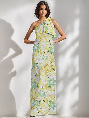  Sheath  Column Abendkleid Elegantes Kleid Formal Hochzeit Bodenlänge Ärmellos Ein Schulter Satin mit Blumenmuster Schleife(n) Hochzeitsgastkleid 2025