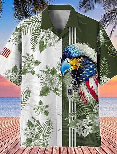  Homens Águia Bandeira americana Dia da Independência Camisa Social Camisa cubana Manga Curta Vintage retrô Férias Feriado Festival Verão Primavera Camisa com gola de acampamento Impressão 3D Vermelho