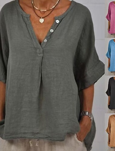  Women's Shirt Blouse Cotton Linen Shirts Plain Basic Modern Casual Half Sleeve V Neck Regular Tops Daily Holiday Going out Buttons Black Yellow Rose Pink Gray Light Blue Summer