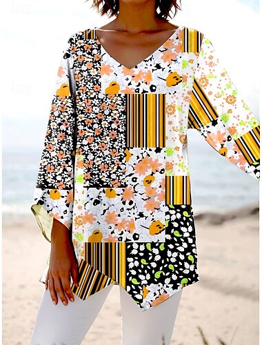  Mujer Blusa Floral Graphic Geométrico Elegante Estilo playero Manga Corta Escote en Pico Tops regulares Diario Estampado Amarillo Rojo Azul Piscina Morado Primavera Otoño