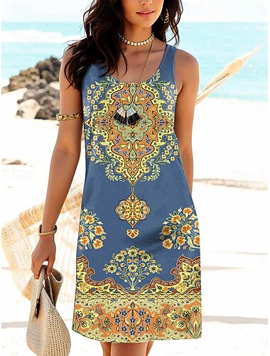 Damen Minikleid Sommerkleid Urlaub Lässig Täglich Lässiger Schnitt Grafik Paisley-Muster Ärmellos U-Ausschnitt Gelb Orange Grün Sommer