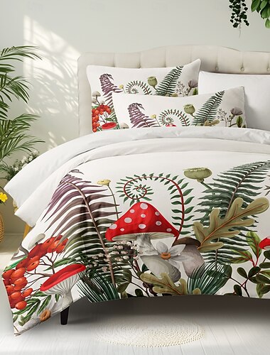  Pilze Pflanzen Bettbezug Set in Vollgröße Bettsets Deckenbezug Weicher leichter Bettdeckenbezug mit 2 Kissenbezügen für Sommer Frühling