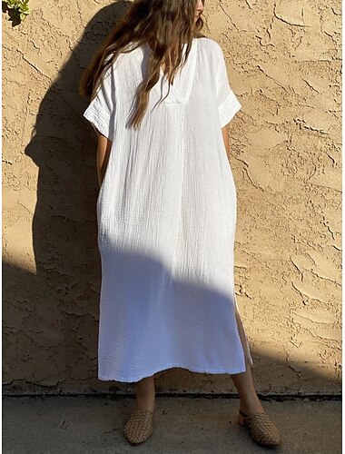  Damen Badeanzüge Cover Up Schwimmkleid Badeanzug mit Tasche Urlaub Strandmode Unifarbene V-Ausschnitt Kurze Ärmel Badeanzüge