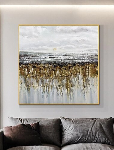  Ölgemälde, handgefertigt, minimalistisches goldenes abstraktes Gemälde, extragroße handgefertigte Wandkunst, goldenes Landschaftsgemälde auf Leinwand, große Wandkunst, abstraktes Gemälde für
