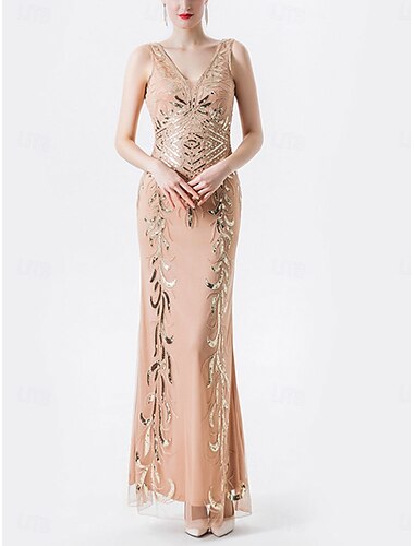  Dress Mother of the Bride Dress Elegant Party V Neck Floor Length Polyester Sleeveless with Sequin
