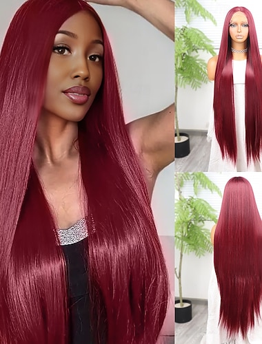  Синтетический парик шнурка Прямой Стиль 38 дюймовый Вино Средняя часть 13x4x1 Т-образный шнурок спереди Парик Жен. Парик Винно-красный