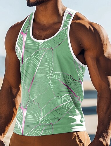  Per uomo Canotta Gilet Maglietta senza maniche Senza Maniche Girocollo Estate Piante Tropicale Foglia di palma Moda Classico Confortevole Stampato Casuale Ferie Spiaggia Verde chiaro Rosa Blu