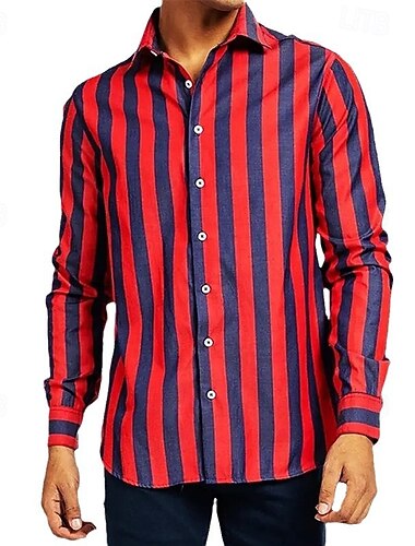  Voor heren Zomer overhemd Normaal shirt Strand hemd Overhemd met knopen Rood Donker Marine blauw Lange mouw Gestreept Revers Vakantie Hawaii Button-omlaag Kleding Polyester Modieus Casual Comfortabel