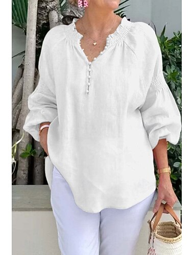  Mujer Camisa Camisa de lino Camisas de algodón y lino Plano Elegante Moderno Manga Larga Escote en Pico Tops regulares Festivos Noche Frunce Negro Blanco Rosa Verano