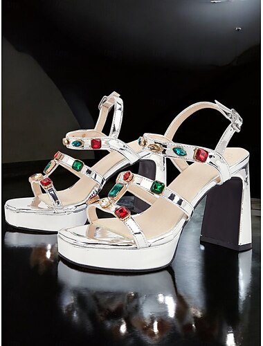  Silberne Plateausandalen für Damen – Riemchensandalen mit klobigem Absatz und bunten Schmucksteinverzierungen für Partys, Abendveranstaltungen und besondere Anlässe