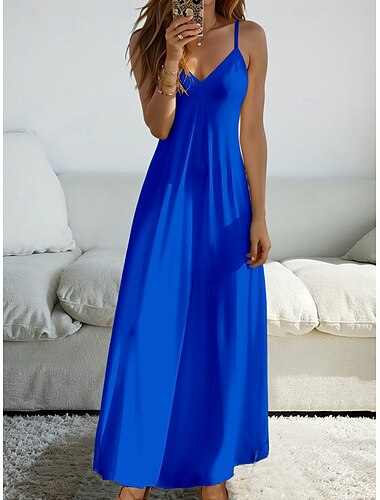  Damen Maxi Kleid Sommerkleid A-Linie Kleid Nachtkleid Urlaub Lässig Urlaub Alltag Strand Regelmäßige Passform Einfarbig Grafik Einfach Ärmellos V-Ausschnitt Schwarz Weiß Gelb Wein Sommer Frühling