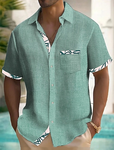  Herren Blatt Tropische Pflanzen Leinenhemd Sommer Hawaiihemd Knopfhemd Kurzarm Hawaiianisch Resort Urlaub Ferien Strandbekleidung Sommer Frühling Umlegekragen Hemden mit Kragen Eine Tasche vorne Rosa