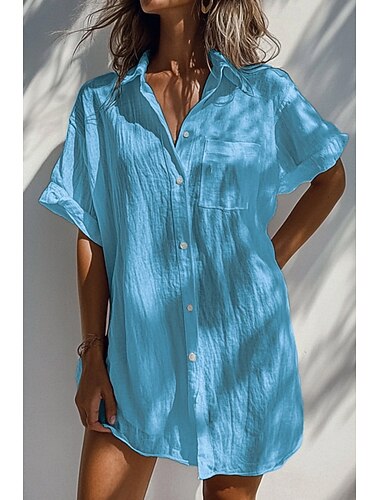  Per donna Camicia Camicie ispirate al lino Abbottonare Blusa Semplice Essenziale Casual Manica Corta Colletto a Camicia Top lunghi Quotidiano Ferie Bottoni Tasca Bianco Arancione Verde Albicocca