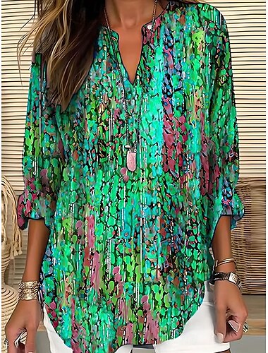  Damen Hemd Ombre Grafik Vintage Tropisch Hawaiianisch Langarm V Ausschnitt Normale Oberteile Täglich Ferien Strandbekleidung Druck Blau Purpur Orange Grün Sommer Frühling