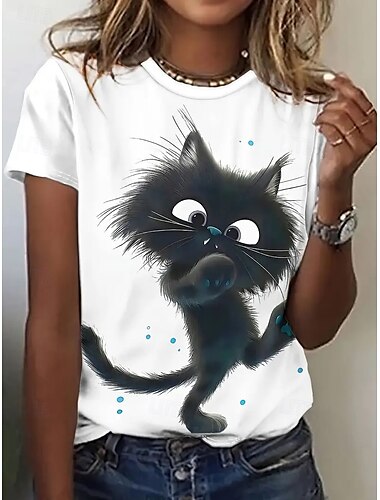  Women's T Shirt Summer Tops Graphic Cat Classic Casual Short Sleeve Crew Neck Crop Tops Daily Weekend Print Rainbow Summer Spring Fall