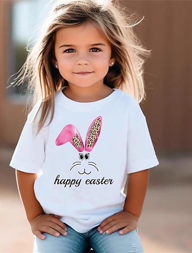  100 % bomull Påsk Barn Flickor Vit Grafisk Kanin T-shirt Rund hals Kortärmad Utomhus Semester Dagligen Klassisk Ledigt Mönster Sommar