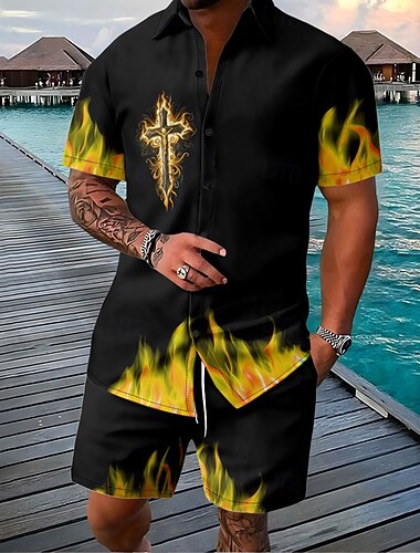  Pasqua Per uomo Croce 2 pezzi Set di camicie Set Camicia Manica Corta Pantaloni corti Collo ripiegato Vintage Casuale Quotidiano Abito da festa Stampa 3D Estate Rosso rubino Giallo