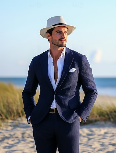  Trajes de boda de hombre de lino de playa azul marino media forrada de verano ligeros casuales de un solo color ajuste estándar 2 piezas de un solo botón