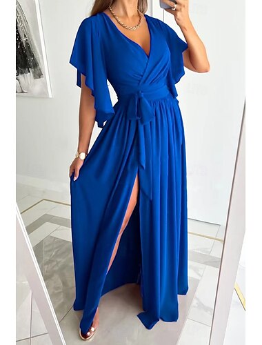  Damen kleid lang Formelle Kleidung Modisch Trompetenärmel Party Verabredung Regular Fit Glatt Kurzarm V Ausschnitt Schwarz Rote Blau Khaki Sommer