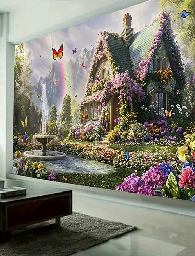  植物、花、蝶、風景、タペストリー、壁アート、大きなタペストリー、壁画、装飾、写真、背景、ブランケット、カーテン、自宅、寝室、リビングルームの装飾