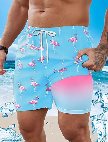  Herren Flamingo Vogel Gefütterte Shorts Badeshorts Boardshorts Mittlere Taille Hawaiianisch Urlaub Ferien Strandbekleidung Seitentaschen Mit Kompressionsfutter Elastischer Kordelzug in der Taille