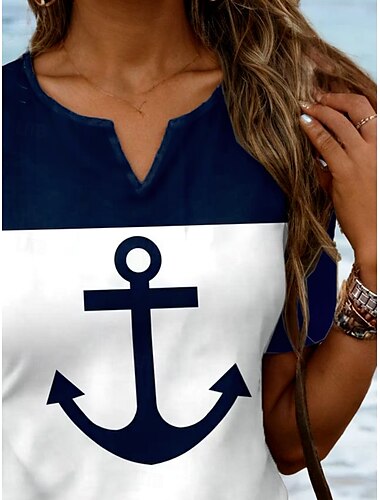  Dames T-shirt Anker Casual Korte mouw Gekerfde nek Normale tops Dagelijks Afdrukken Marineblauw Zomer Lente