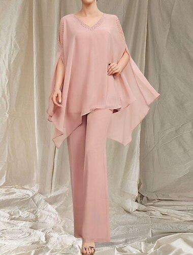  Jumpsuit  Hosenanzug Kleid für die Mutter der Braut Hochzeitsgast Elegant V-Ausschnitt Bodenlang Chiffon Lange Ärmel mit Perlen und kaskadierenden Rüschen