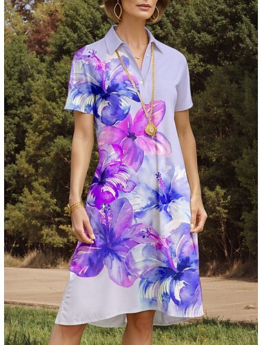  Damen Midikleid Hemdkleid A-Linien-Kleid Urlaub Casual Alltag Date Loose Fit Blumen Grafik Kurzarm Hemdkragen Rosa Blau Lila Sommer Frühling