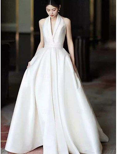  Hochzeitskleider Ballkleid Neckholder Ärmellos Bodenlange Schleppe Taft Brautkleider Mit Falten Einfarbig 2025