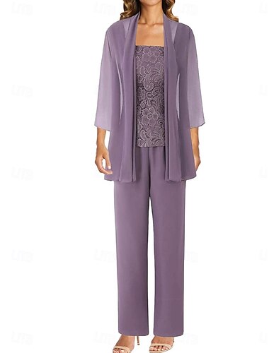  Hosenanzug Brautmutterkleid Hochzeitsgast Elegant Einfach Juwelenhals Bodenlang Polyester Langarm mit Einfarbig 2025