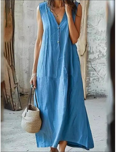  Damen Maxi Kleid Sommerkleid Fit and Flare Kleid Off-the-Shoulder Kleid Puffärmel Kleid Lässige Tägliche Leinenoptik Reguläre Passform Einfarbig Ärmellos V-Ausschnitt Schwarz Gelb Königsblau Sommer