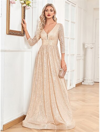  A-Linie Quinceanera-Kleider Elegant Kleid Hochzeit Hochzeitsgast Bodenlang Dreiviertelarm V Ausschnitt Baumwolle mit Paillette 2025