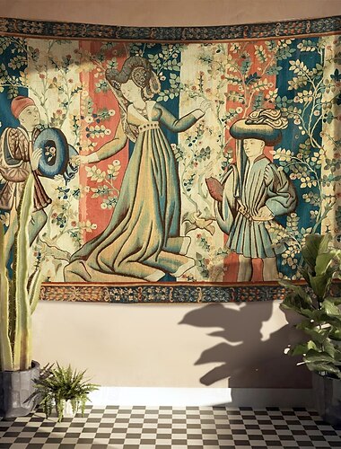  Mittelalterliche Wandteppich Mittelalter Wandteppich Gotische Kunst Großer Wandteppich Wandmalerei Dekor Fotografie Hintergrund Vorhang Zuhause Schlafzimmer Wohnzimmer Dekoration Höflinge in einem