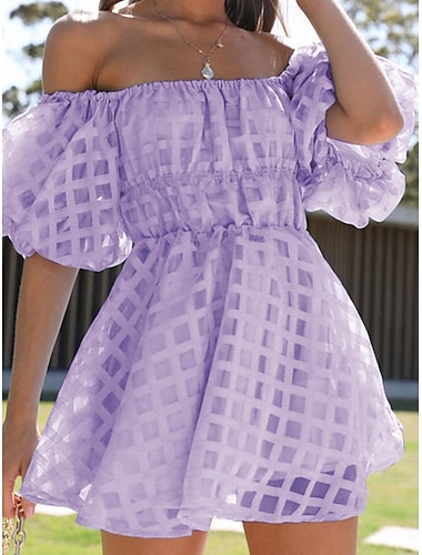  Robe mini femme Robe A ligne Robe de laitre Robe décolletée Robe à manches bouffantes Vacances En extérieur Quotidienne Coupe régulière Couleur unie Manches courtes Décolleté noir Vert clair