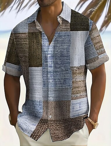  Voor heren Geometrisch Kleurenblok Lapwerk Overhemd Overhemd met knopen Korte mouw Mode-casual Vakantie Feestdagen Streetwear Zomer Strijkijzer 3D-afdrukken shirts met kraag Voorste zak Donkergeel