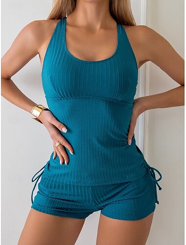  Damen Badeanzüge Tankini 2-teiliges Shorts Badeanzug Rückenfrei Bauchkontrolle Hohe Taille Schlank Urlaub Strand Mode Einfarbig U-Ausschnitt Ärmellose Badeanzüge