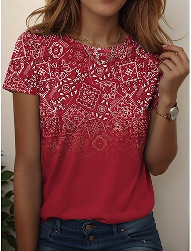  Dames T-shirt Bloemig Grafisch Wijnoogst Stijlvol Casual Korte mouw Ronde hals Normale tops Dagelijks Weekend Afdrukken Geel Rood blauw Licht Blauw Zomer Lente