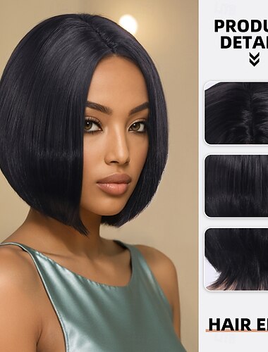  Perucas sintéticas Liso Yaki Liso Corte Assimétrico Partida Profunda Fabrico à Máquina Peruca 12 polegadas A1 Cabelo Sintético Mulheres Repartida ao Meio Clássico Confortável Preta