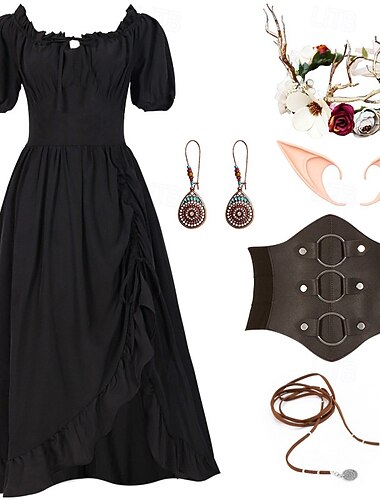  Retro / vintage Medeltida kostymer Renässans Klänningar Tillbehör set Viking Alven Maskeradkläder Dam Halloween Karnival Maskerad LARP Vuxna Klänning Mer accessoarer Örhängen