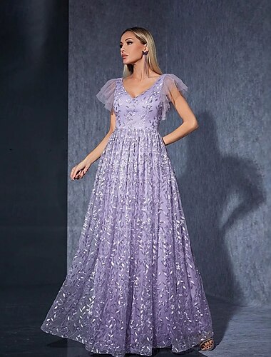  Dress Mother of the Bride Dress Elegant Casual V Neck Floor Length Polyester Short Sleeve with Flower