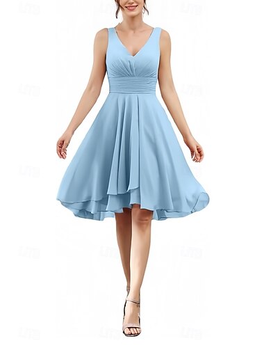  Abito da Sposa in A-Line Collo a V Senza Maniche Elegante Lunghezza Ginocchio Chiffon con Rouches  Arricciature