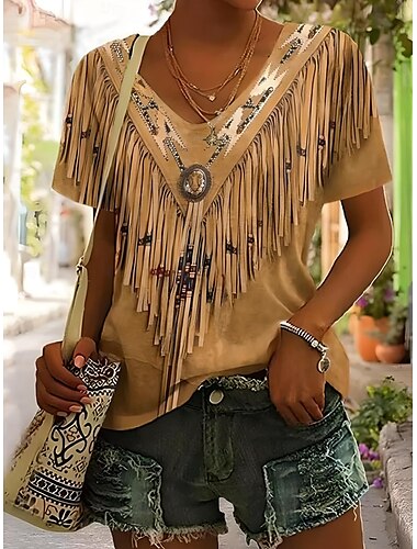  Dames T-shirt Graphic Bohemia Vintage Westerse Korte Mouwen V Hals Reguliere Tops Dagelijks Strand Kleding Vakantie Kleding Print Rood Blauw Groen Khaki Zomer Lente