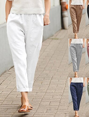 Damen Hose aus Baumwollleinen Stoffhosen Lässig Volle Länge Natürliche Taille Einfach Tasche Elastischer Bund Bequem Außenbereich Ausgehen Wochenende Retro Rot Marineblau Grau Schwarz Sommer Normale